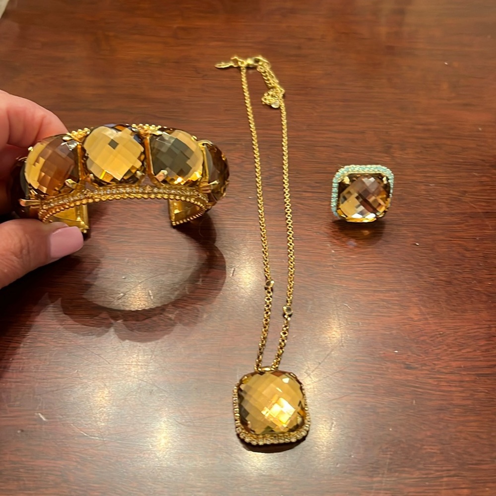 Sorrelli Gold Amber Faceted Crystal Bracelet Necklace and Ring Set